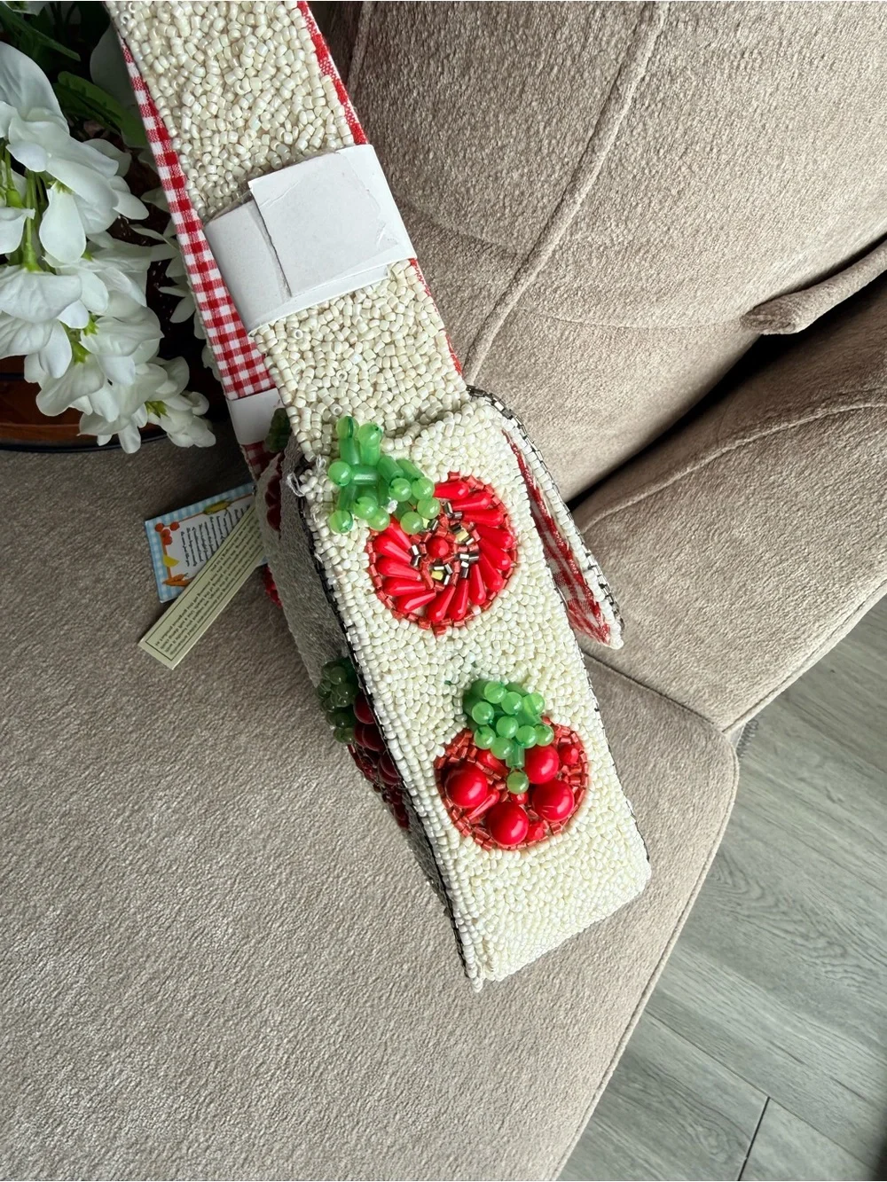 Made in India Tomato Red & White Beaded Shoulder Bag with Tomato Charm NWT
